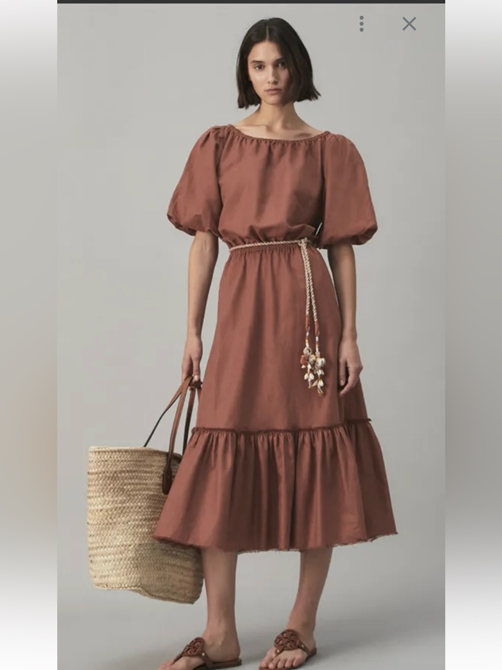 Tory Burch - Boho Off-Shoulder Rust Brown Maxi Dress with Shell Tie Belt